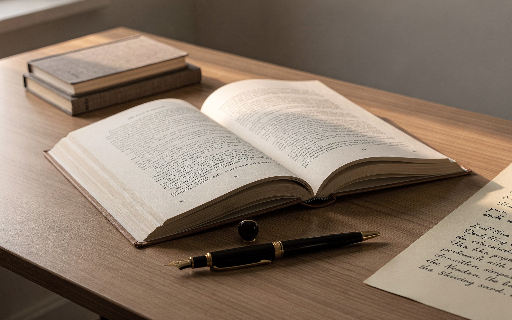 Open hardback book on a writer's desk with a fountain pen, late afternoon light
